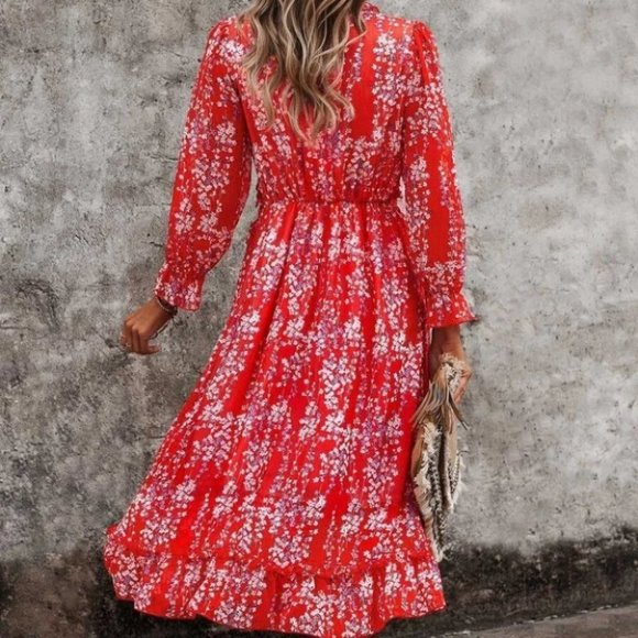 Red Shabby Chic Cottagecore Floral Ditsy Ruffle Hem Dress - Picture 3 of 5